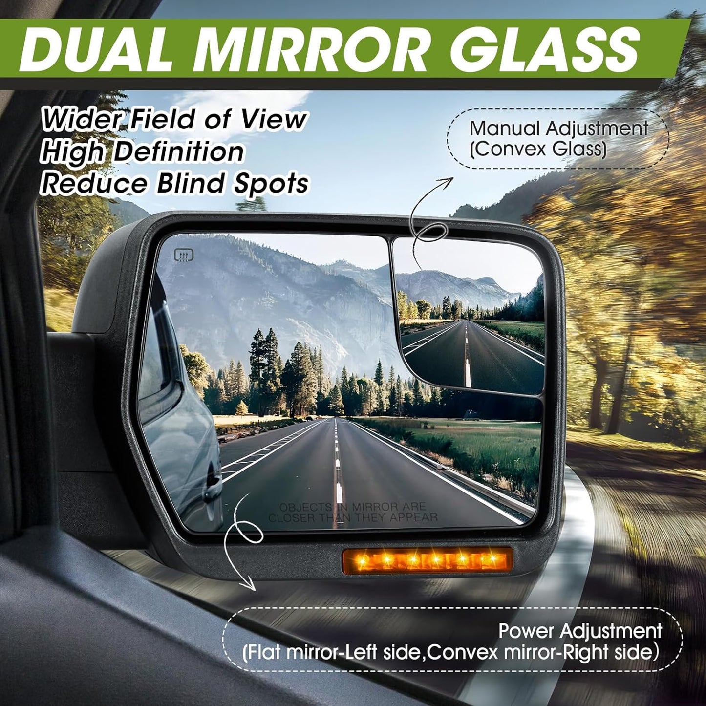 Side Mirrors for 2004-2014 Ford F-150 with Dynamic Turn Signal Puddle Light Heated Power Glass Manual Folding Tow Mirrors- Pair
