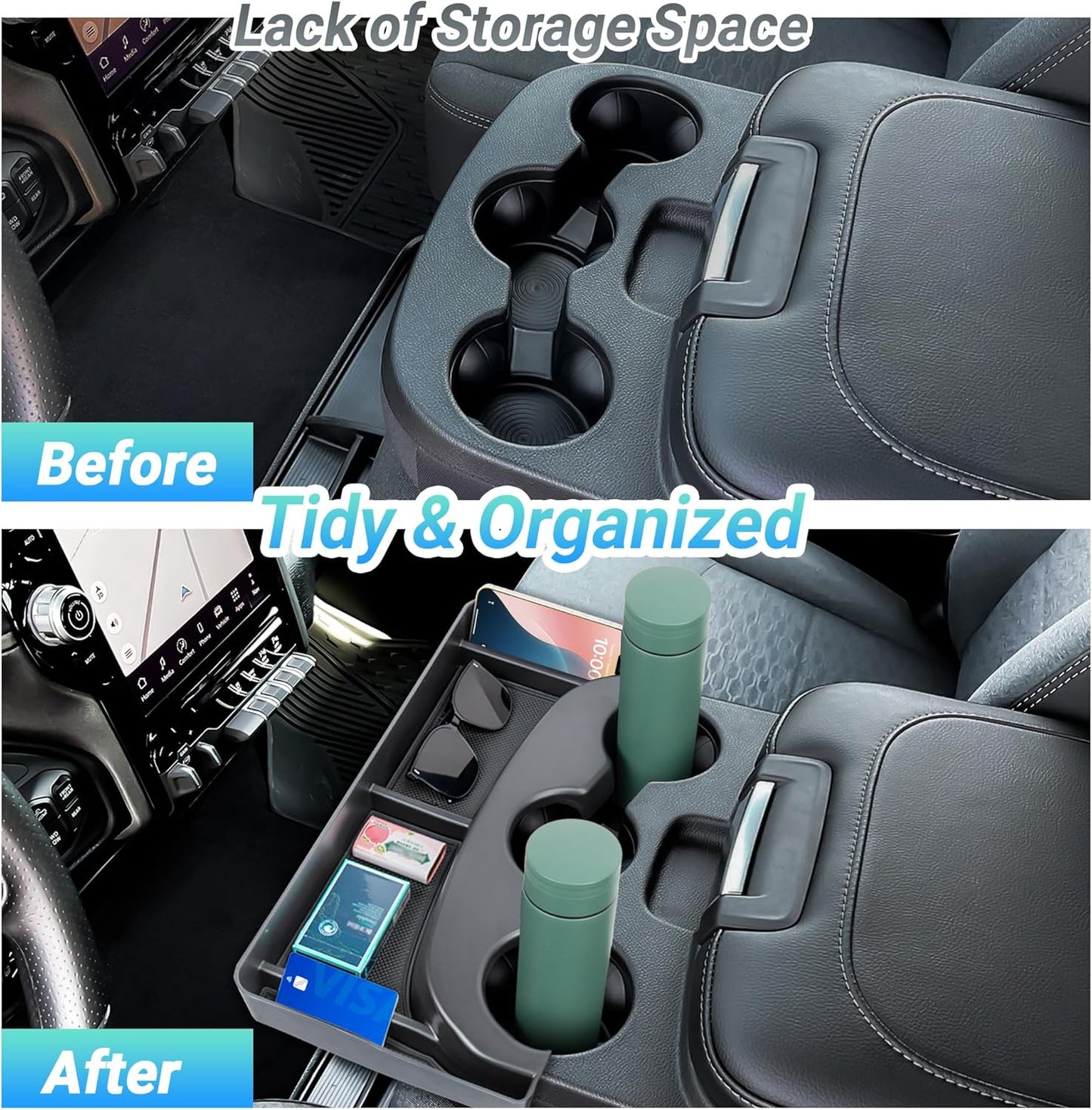 Front Cup Holder Storage Tray for 2013-2024 Ram 1500/Classic & 2500/3500 - Fits 3-Cup Jump Seat