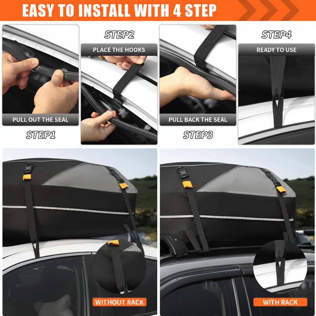 20ft³ Waterproof Rooftop Cargo Bag - Coated Zippers, Anti-Slip Mat, Works w/wo Roof Racks