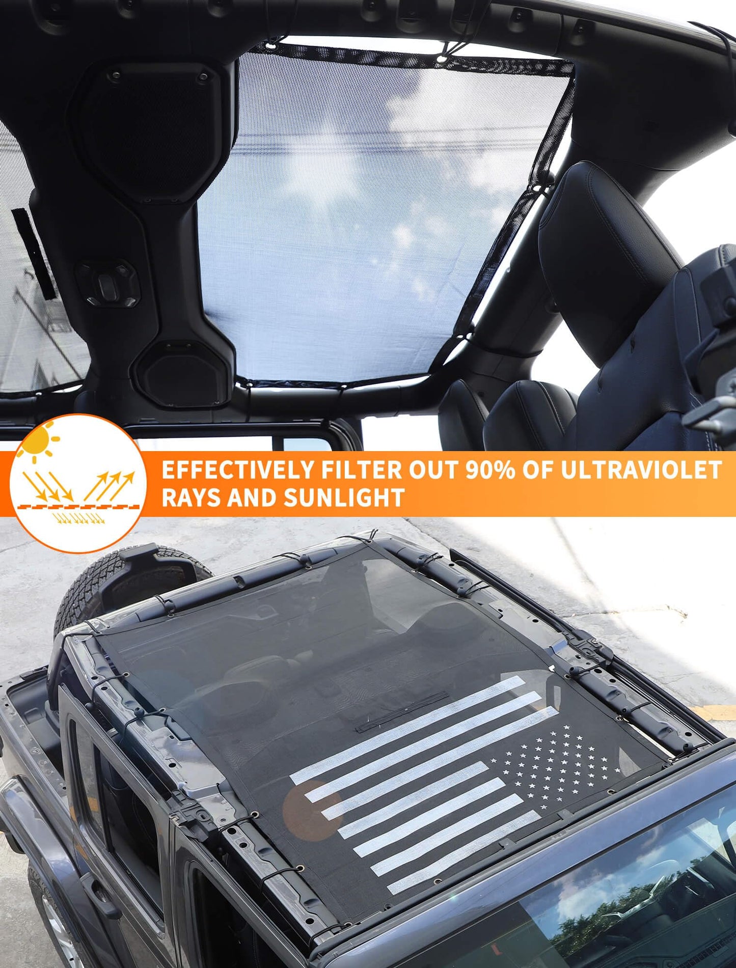 American Flag Mesh Roof Shade for 2018-2023 Jeep Wrangler JL 4XE 4-Door - Black
