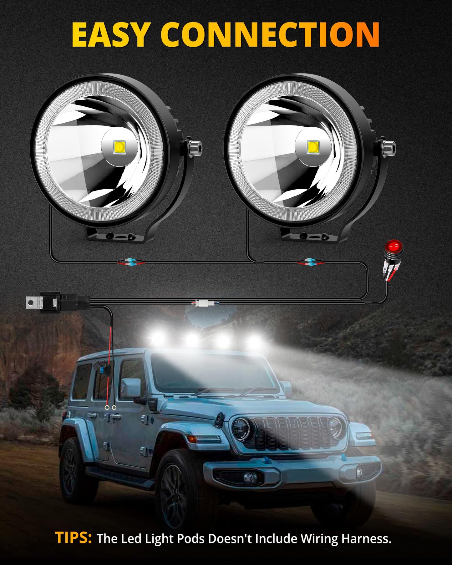 4" 60W Round LED Pod Lights (2-Pack) - 6000LM Spot/Fog for Truck/ATV/UTV/Boat (White)