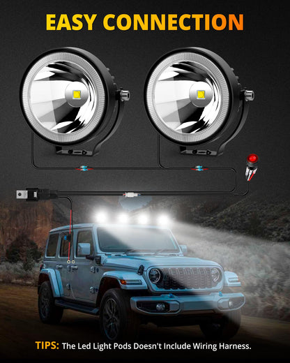 4" 60W Round LED Pod Lights (2-Pack) - 6000LM Spot/Fog for Truck/ATV/UTV/Boat (White)