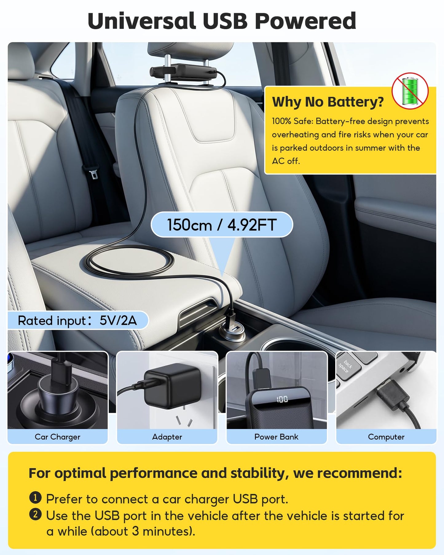 USB Car Seat Cooling Fan for Front & Backseat, Bladeless, 3-Speed