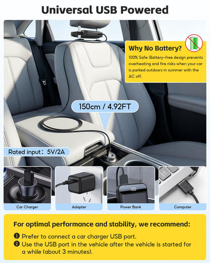USB Car Seat Cooling Fan for Front & Backseat, Bladeless, 3-Speed