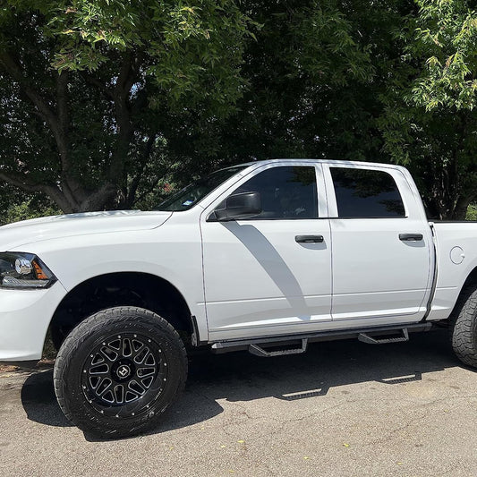Running Boards Compatible with 2019-2026 Dodge Ram 1500 Crew Cab (Excl. Ram 2500/3500/Classic), Dual-Stage Textured Black Powder Coated, 4 Inch Step Bars, Crew Cab Nerf Bars.