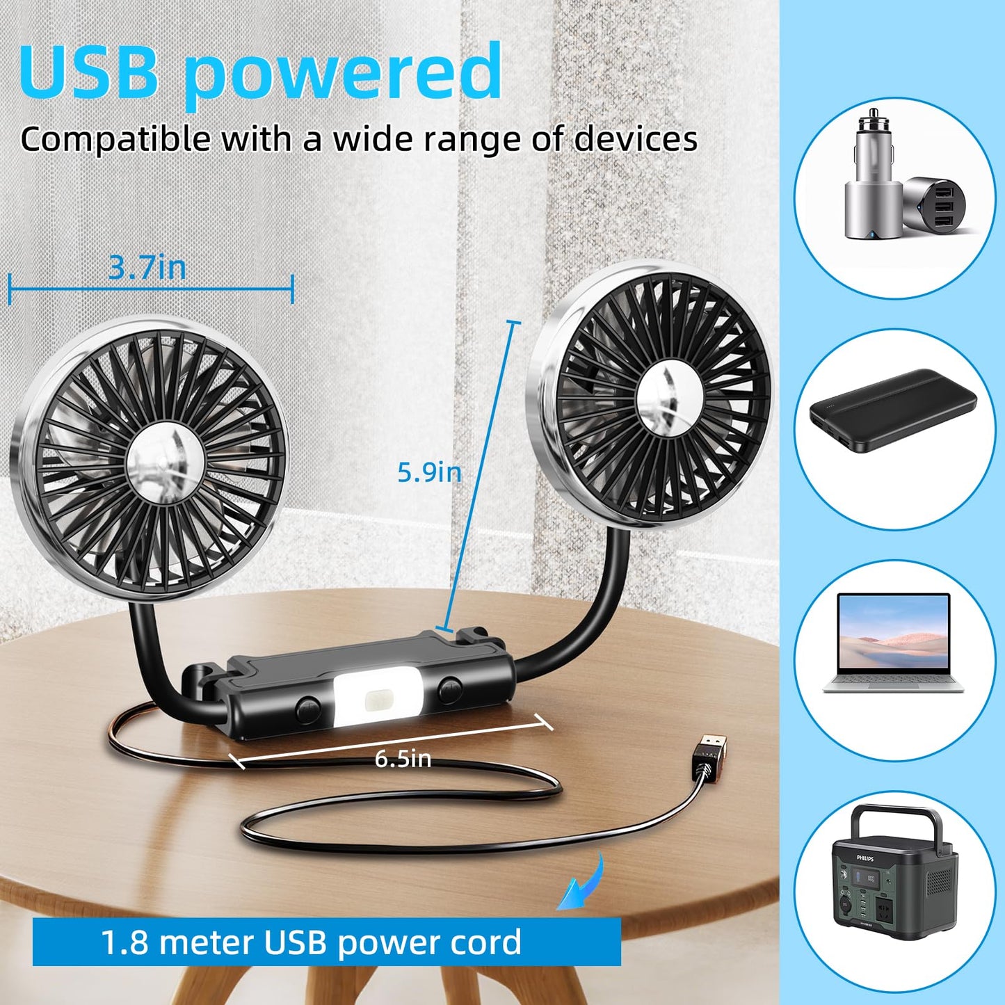 USB Car Back Seat Fan with Light, 3-Speed Cooling for Vehicle