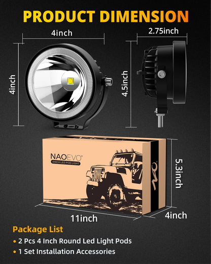 4" 60W Round LED Pod Lights (2-Pack) - 6000LM Spot/Fog for Truck/ATV/UTV/Boat (White)