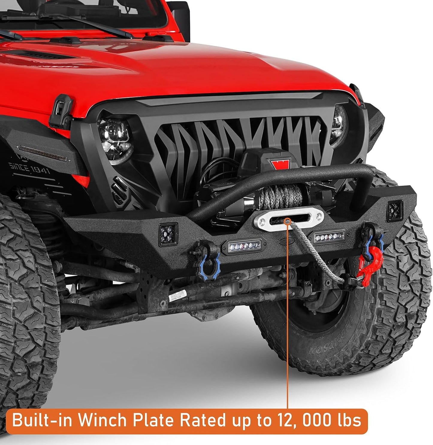 Hooke Road Sturdy Front Bumper for Jeep Gladiator JT (2020-2025) & Wrangler JK JL (2007-2025), Offroad Steel Bumper with Bright Lights D-rings and Built-in Winch Plate