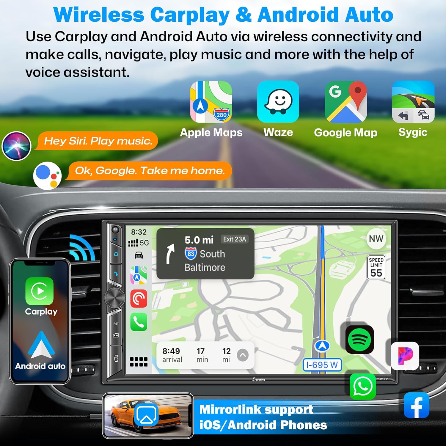 [Upgrade Wireless]Double Din Car Radio with Wireless Apple CarPlay and Android Auto, Bluetooth, Phone Mirror Link - OHMU