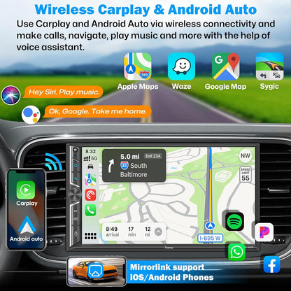 [Upgrade Wireless]Double Din Car Radio with Wireless Apple CarPlay and Android Auto, Bluetooth, Phone Mirror Link