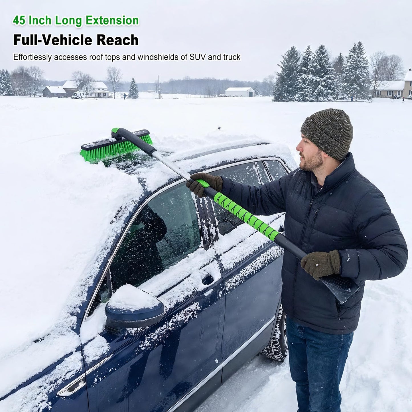 45" Extendable Snow Brush with Wide Ice Scraper - 360° Pivot, Green