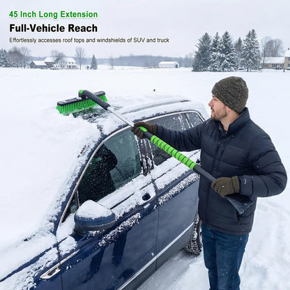 45" Extendable Snow Brush with Wide Ice Scraper - 360° Pivot, Green