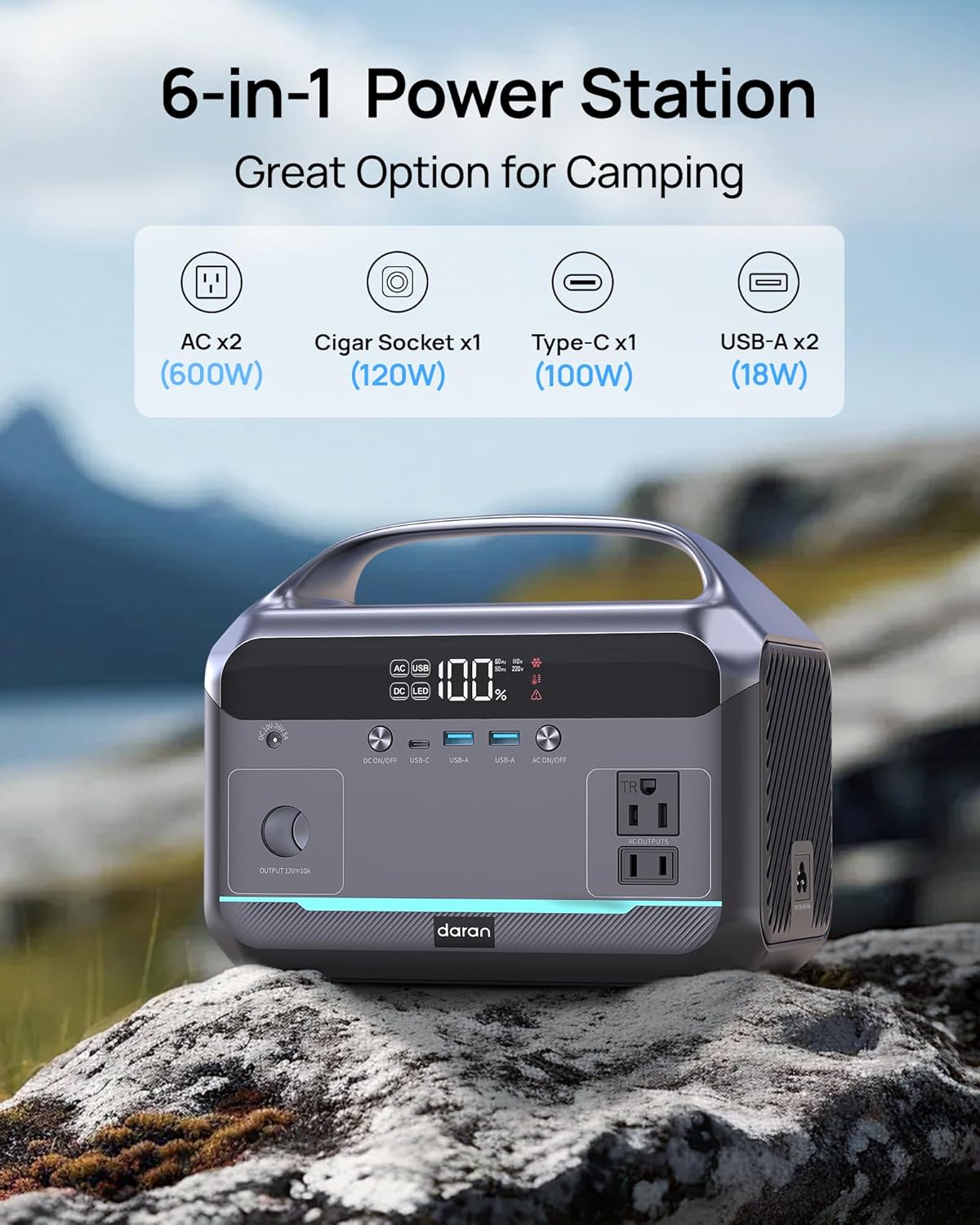 Portable Power Station 600W, 288Wh LiFePO4 Battery Backup Power w/ 2 600W(1200W Surge) AC Outlets, 2.2H Fast Charging, Solar Generator for Outdoor Camping/RVs/Home Use(Solar Optional)