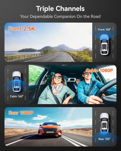 i07 3-Channel Dash Cam - 4K Front + 1080P Inside/Rear, WiFi GPS, 32GB Card, 24H Parking Mode