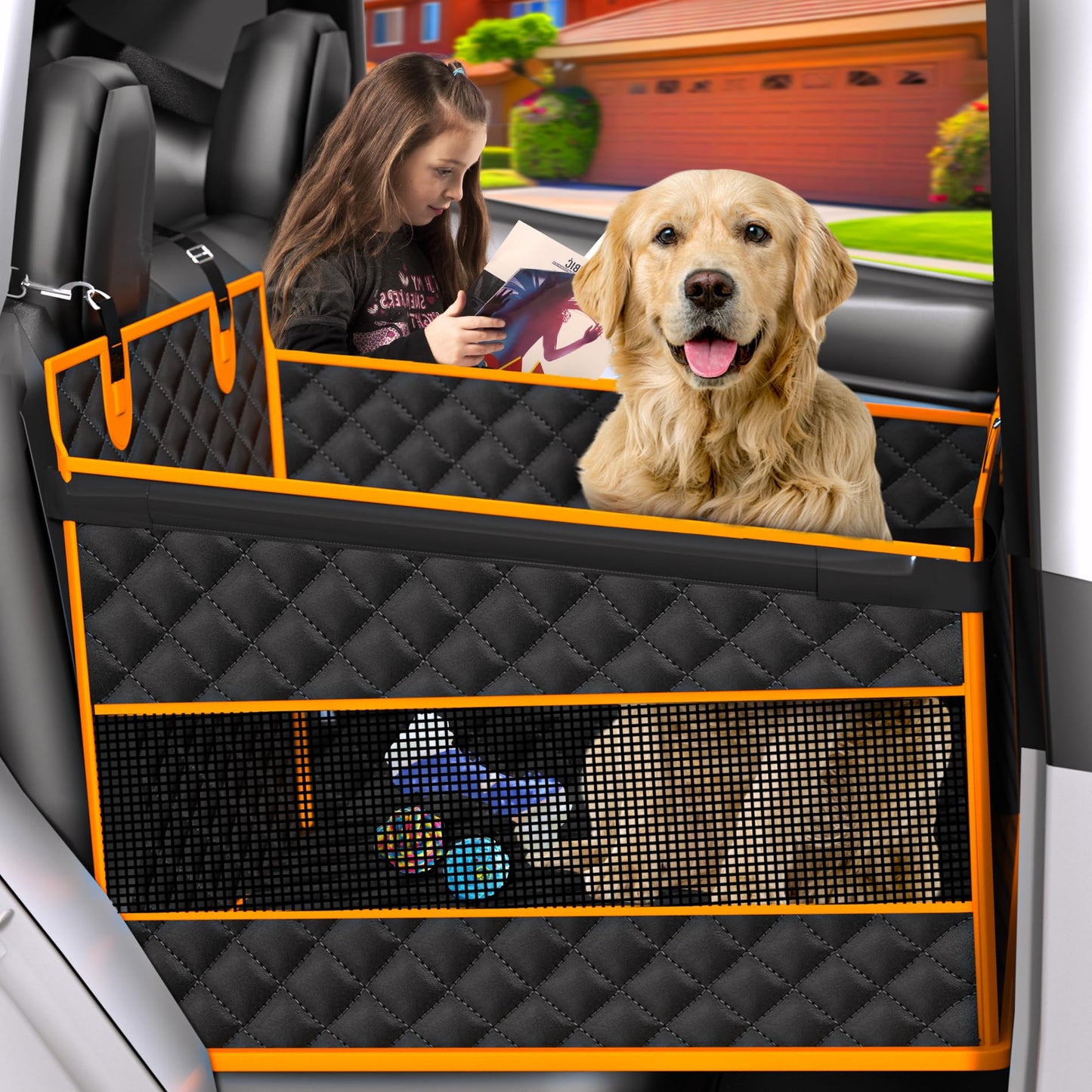 Back Seat Extender w/Storage Pockets - Waterproof Oxford Fabric for Large/Medium Dogs (Black)
