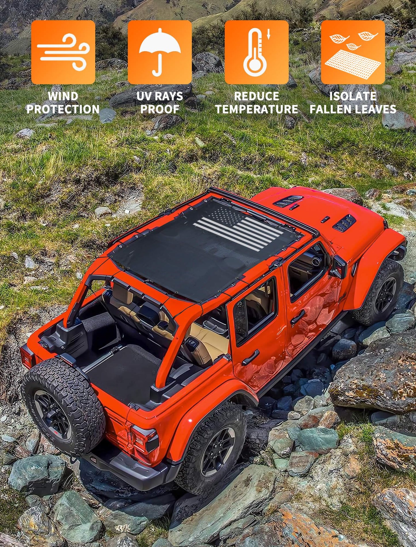 American Flag Mesh Roof Shade for 2018-2023 Jeep Wrangler JL 4XE 4-Door - Black