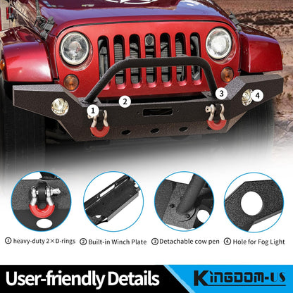 LEDKINGDOMUS Full Width Front Bumper Compatible with 07-18 Jeep Wrangler JK and JK Unlimited Rock Crawler With Fog Lights Hole, Winch Plate Black Textured