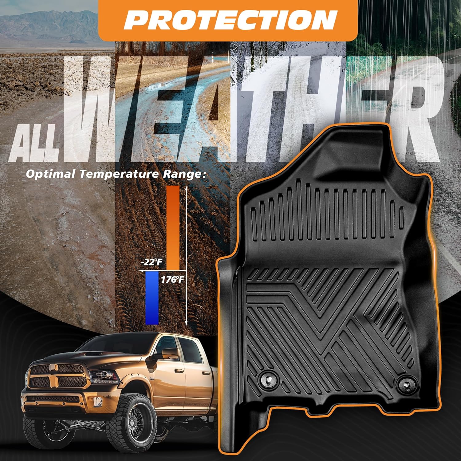 Floor Mats for Ram 1500 2500 3500 Crew Cab (2013-2018) & Ram 1500 Classic (2019-2024) | Front & Rear Floor Liners | Fit with Cargo Liners | All-Weather Truck Accessories