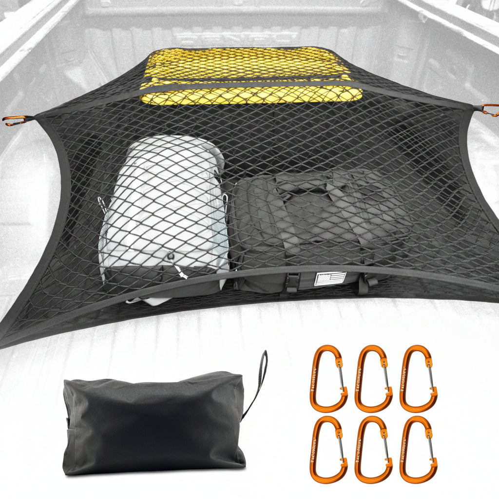 4'x4' Double Layer Elastic Cargo Net - Light Loads, Heavy-Duty Carabiners, USA Company