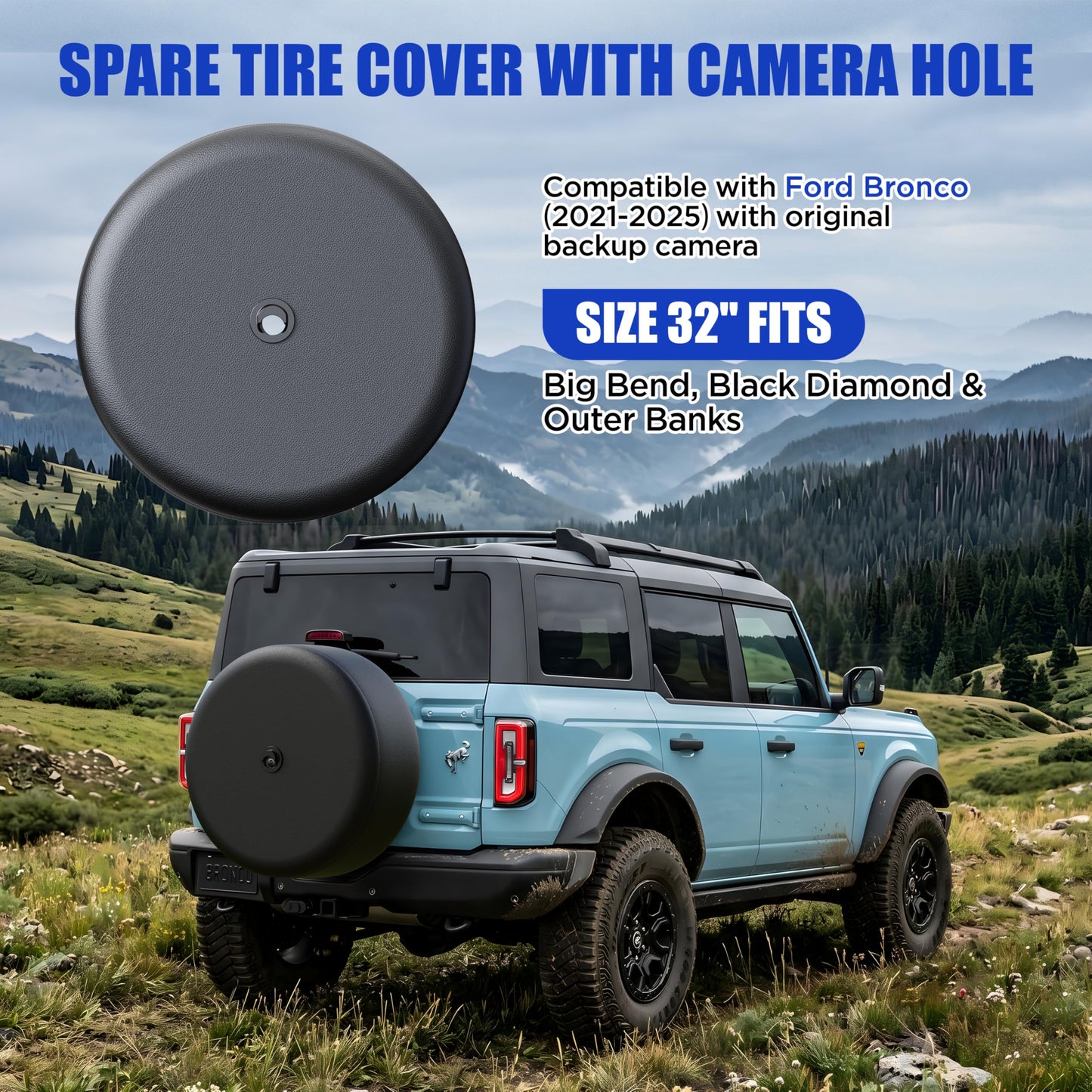 32" Soft Black Tire Cover for Ford Bronco with Camera