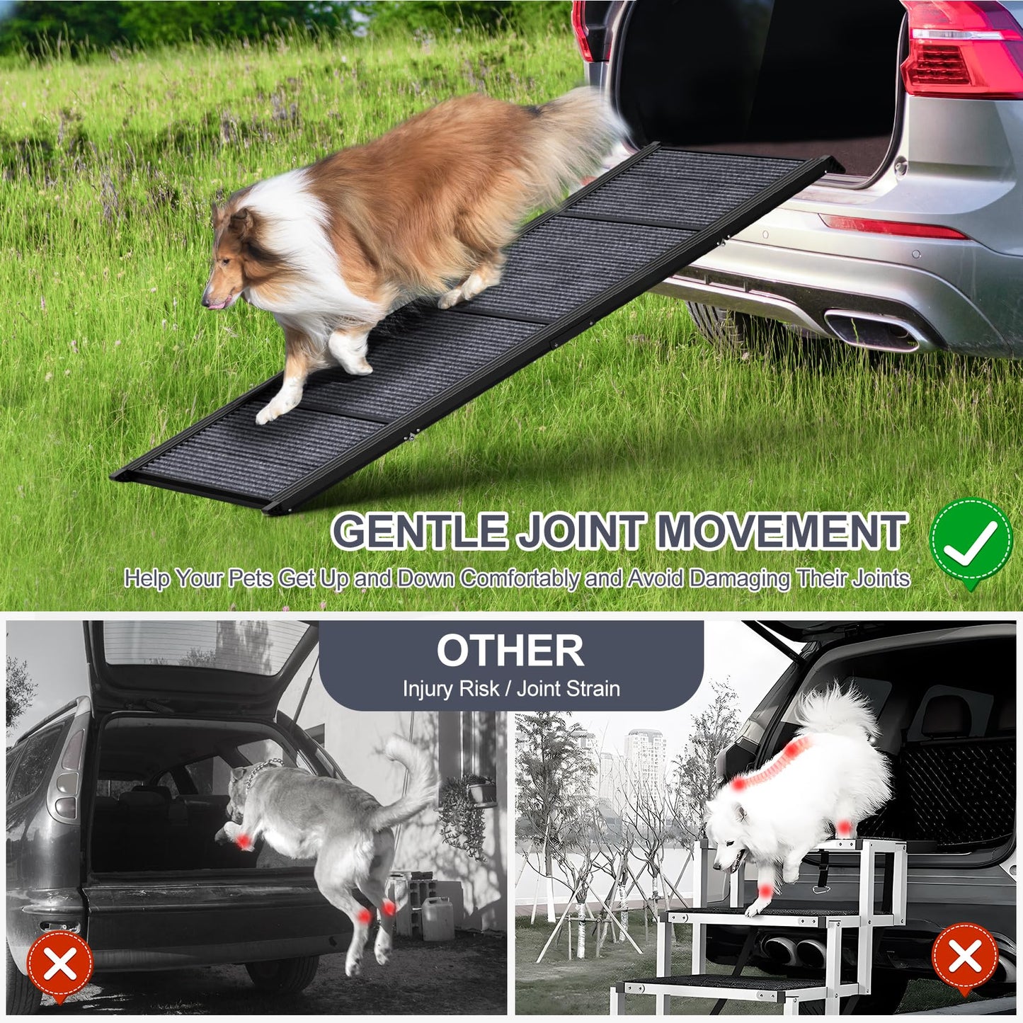 63" Long & 17" Wide Folding Portable Pet Stair Ramp with Non-Slip Rug Surface - OHMU