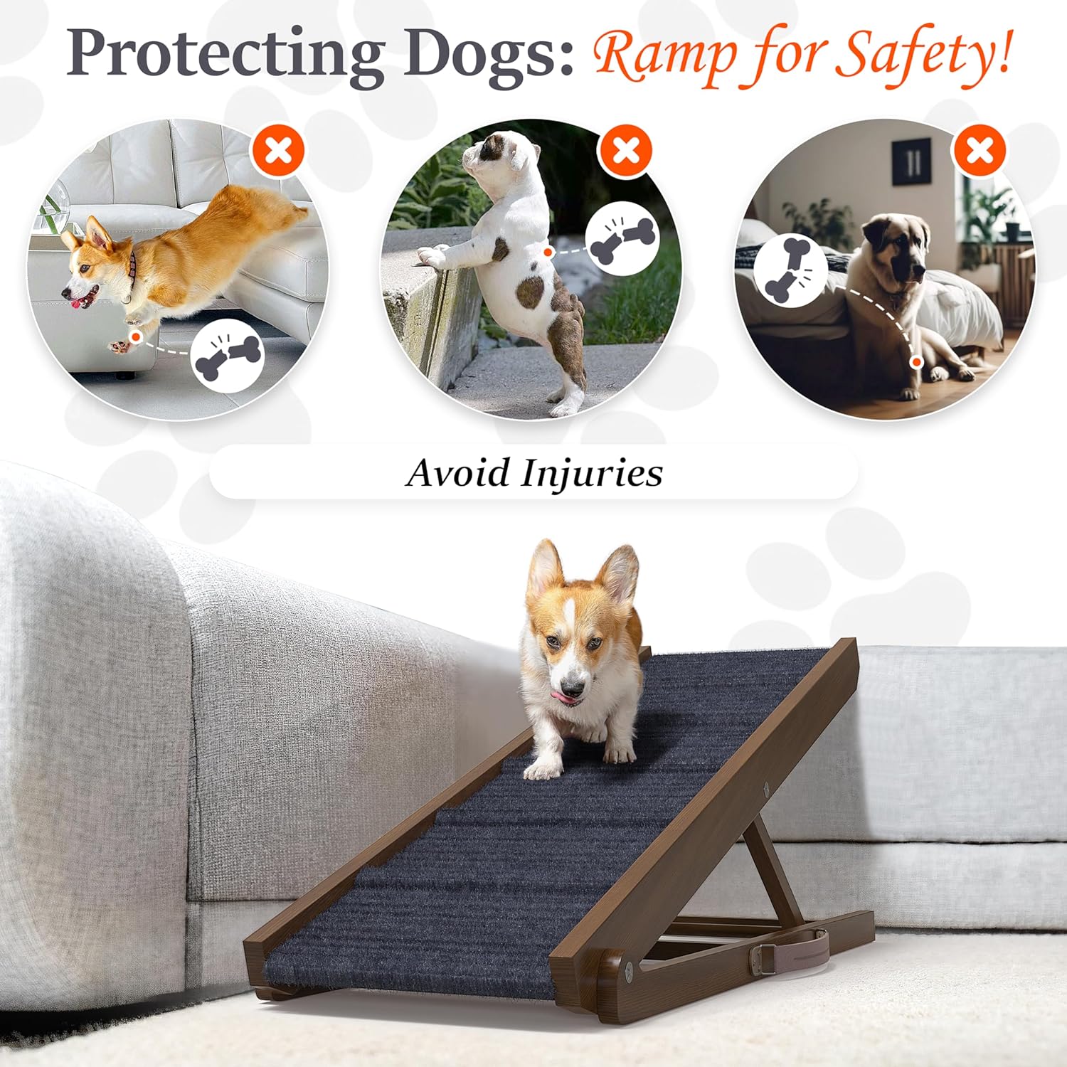 Adjustable Wooden Dog Ramp for Couch, Car Sofa (Walnut - Grey Carpet, Medium) - OHMU