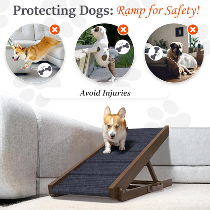 Adjustable Wooden Dog Ramp for Couch, Car Sofa (Walnut - Grey Carpet, Medium) - OHMU