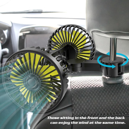 Dual Head USB Car Fan for Backseat, 3 Speeds, Adjustable Clip