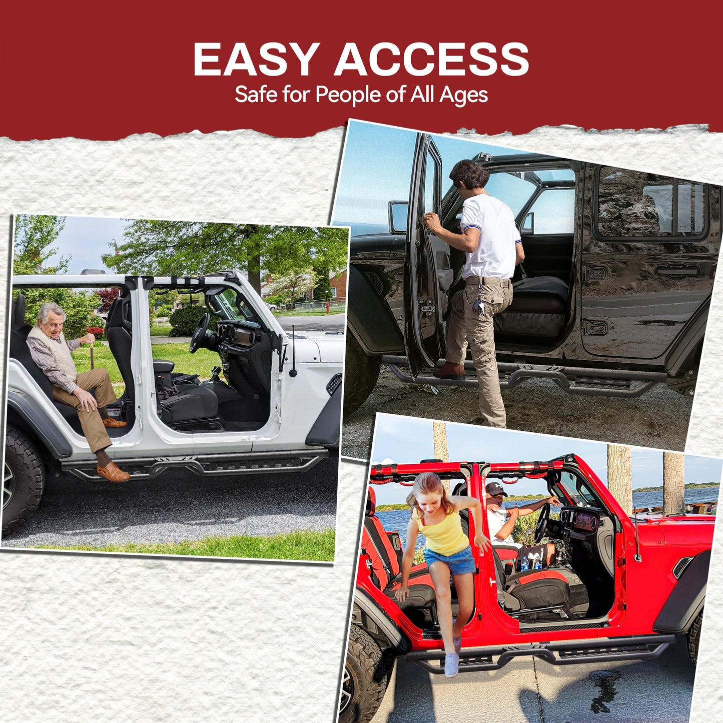 Two-Stair Black Running Boards for 2018-2026 Jeep Wrangler JL 4-Door - Nerf Bars