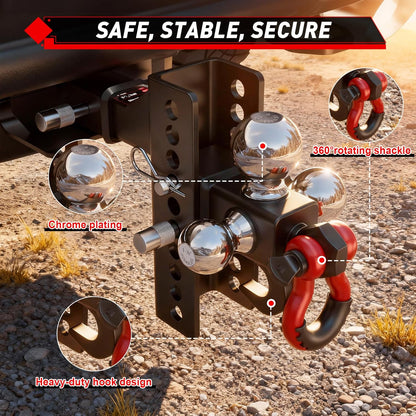 Adjustable Tri-Ball Hitch (4.5") for 2" Receiver - Triple Balls, Tow Hook, 10k GTW, Pin Lock + Tightener
