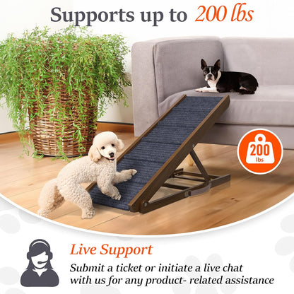 Adjustable Wooden Dog Ramp for Couch, Car Sofa (Walnut - Grey Carpet, Medium) - OHMU