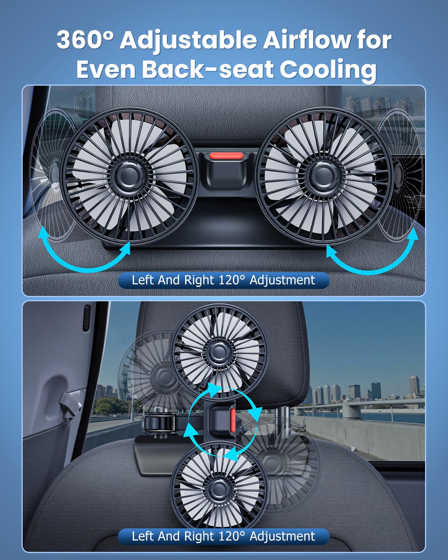 Dual-Head Car Fan for Back Seats, 360° Rotation, USB Powered