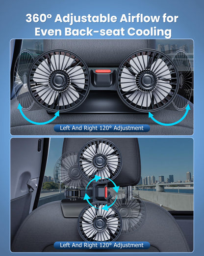 Dual-Head Car Fan for Back Seats, 360° Rotation, USB Powered