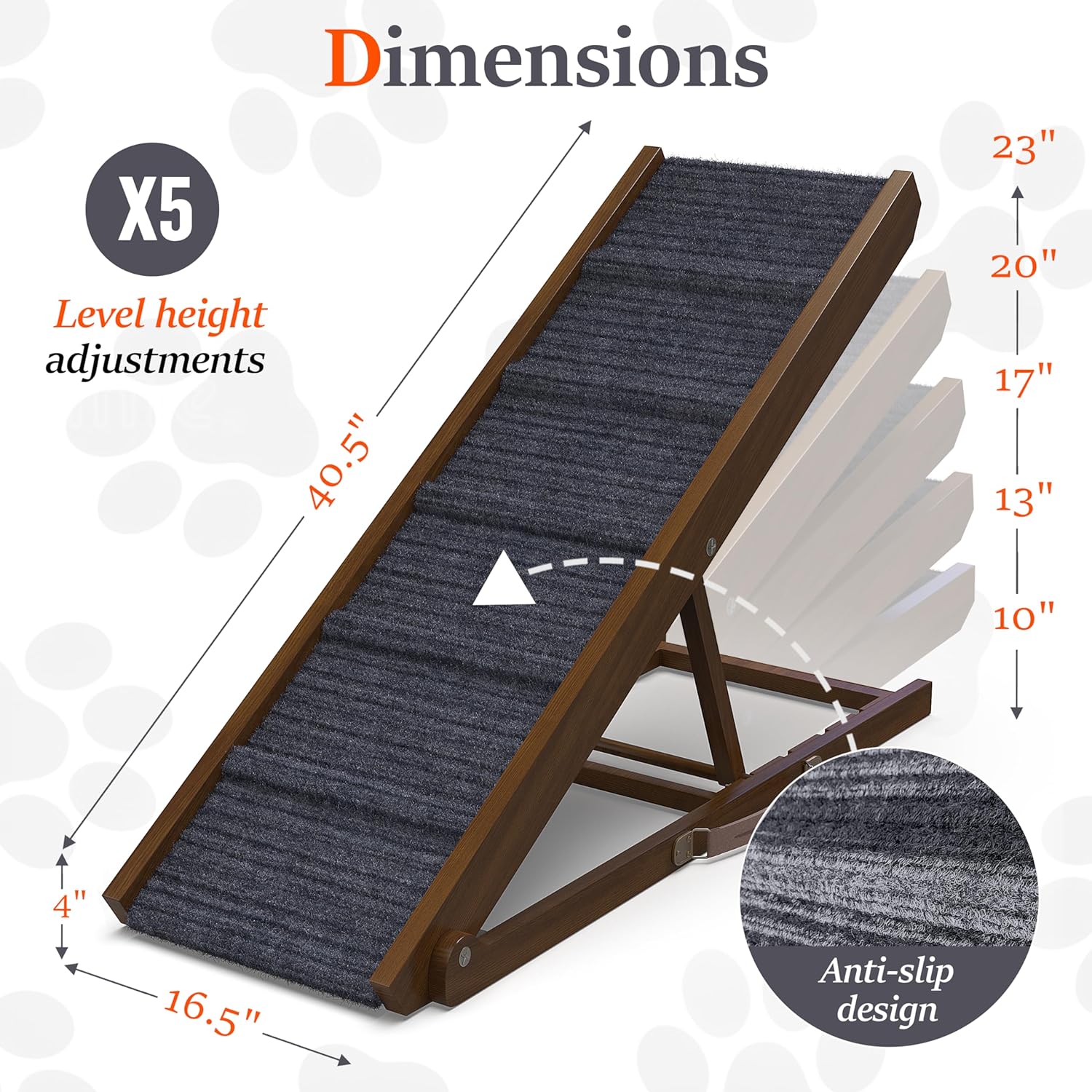 Adjustable Wooden Dog Ramp for Couch, Car Sofa (Walnut - Grey Carpet, Medium) - OHMU