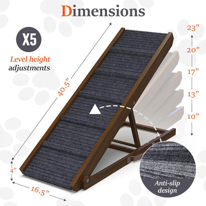 Adjustable Wooden Dog Ramp for Couch, Car Sofa (Walnut - Grey Carpet, Medium) - OHMU