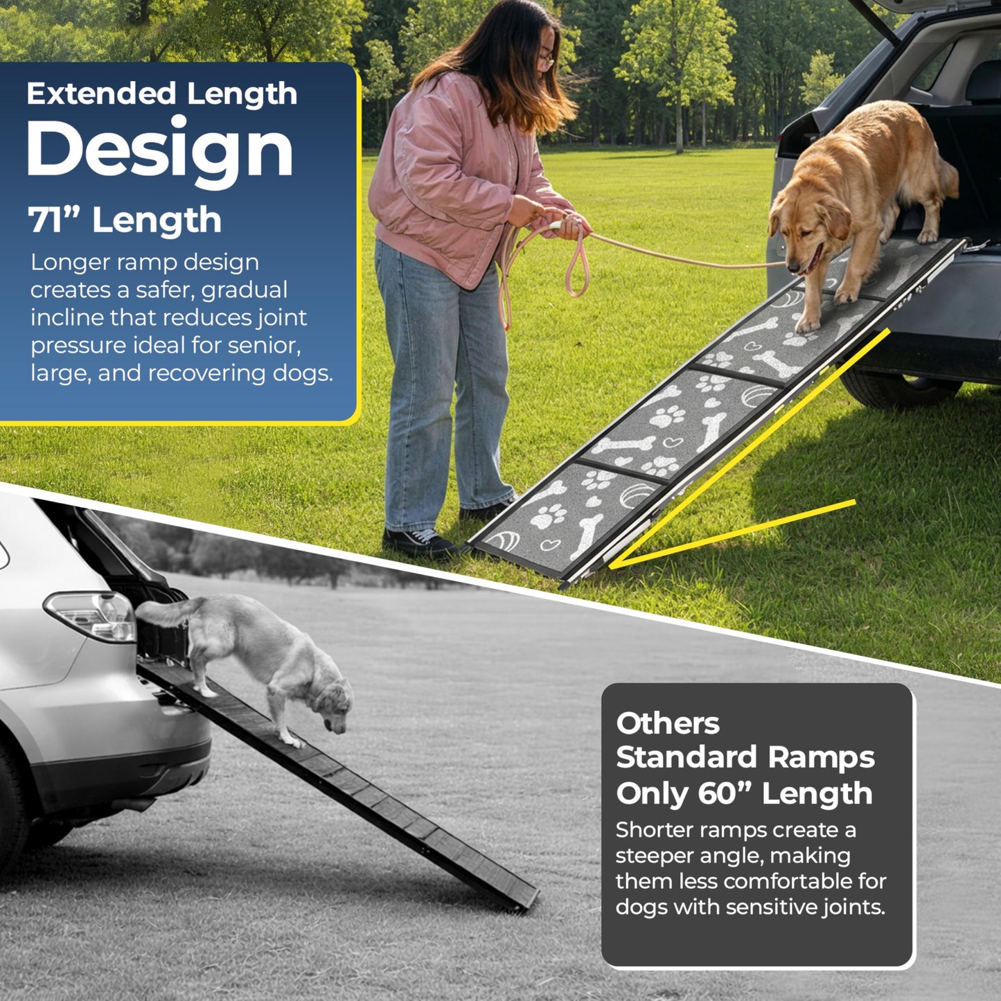 71"x20" Quad-Fold Dog Ramp - 250 lb Capacity, Non-Slip, Side-Strap Stability for Large Dogs