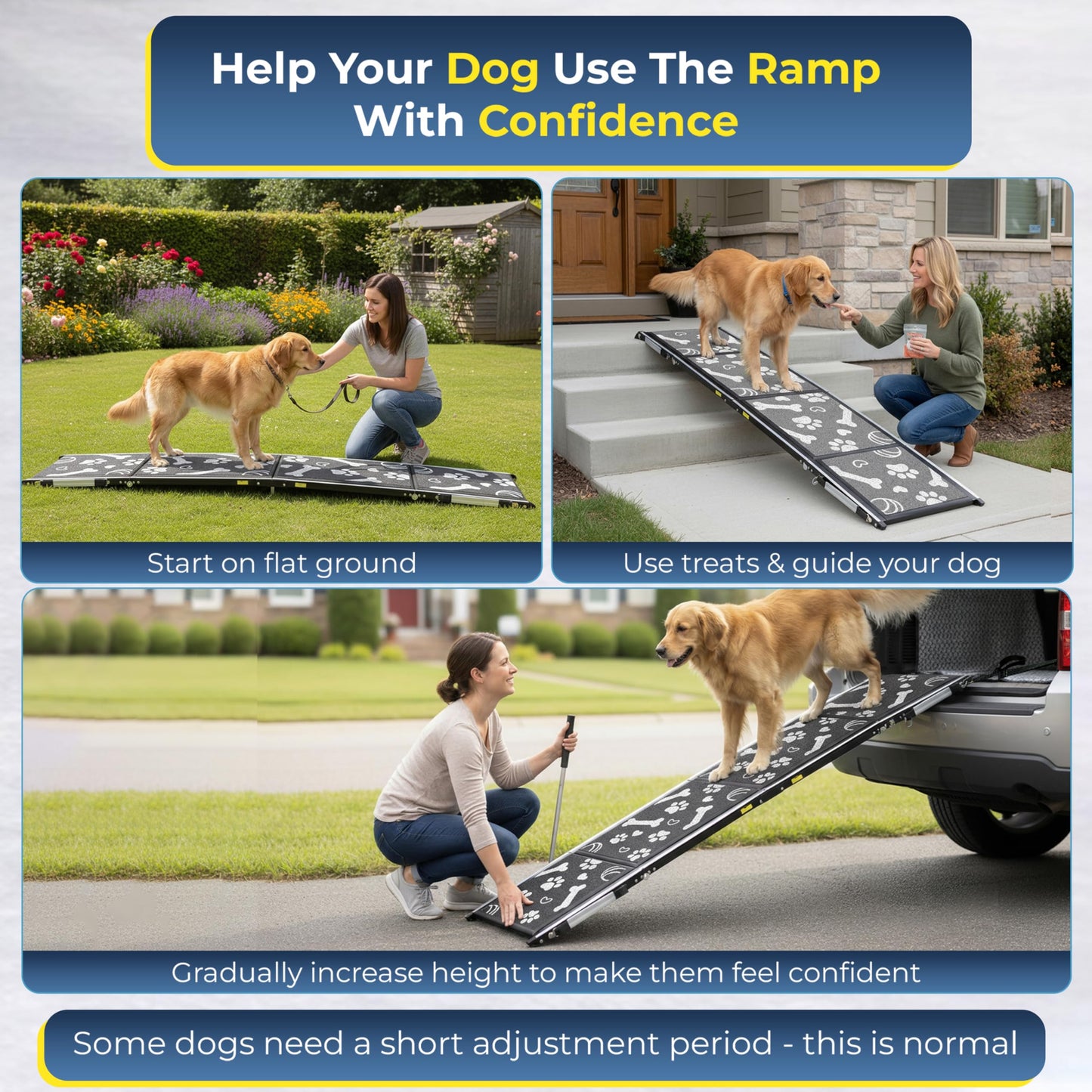 71"x20" Quad-Fold Dog Ramp - 250 lb Capacity, Non-Slip, Side-Strap Stability for Large Dogs