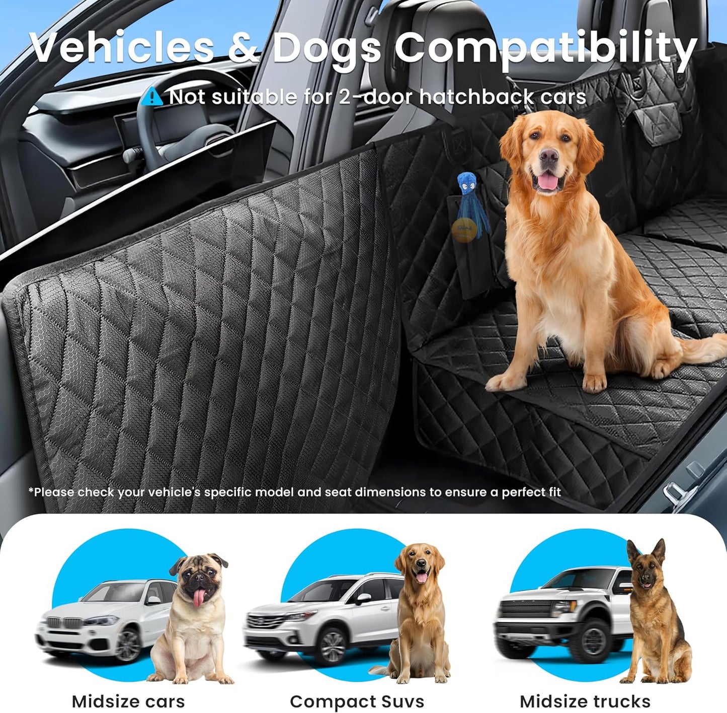 Hard-Bottom Dog Seat Cover w/Door Protector - 450 lb Capacity, Waterproof Non-Slip for SUV/Truck