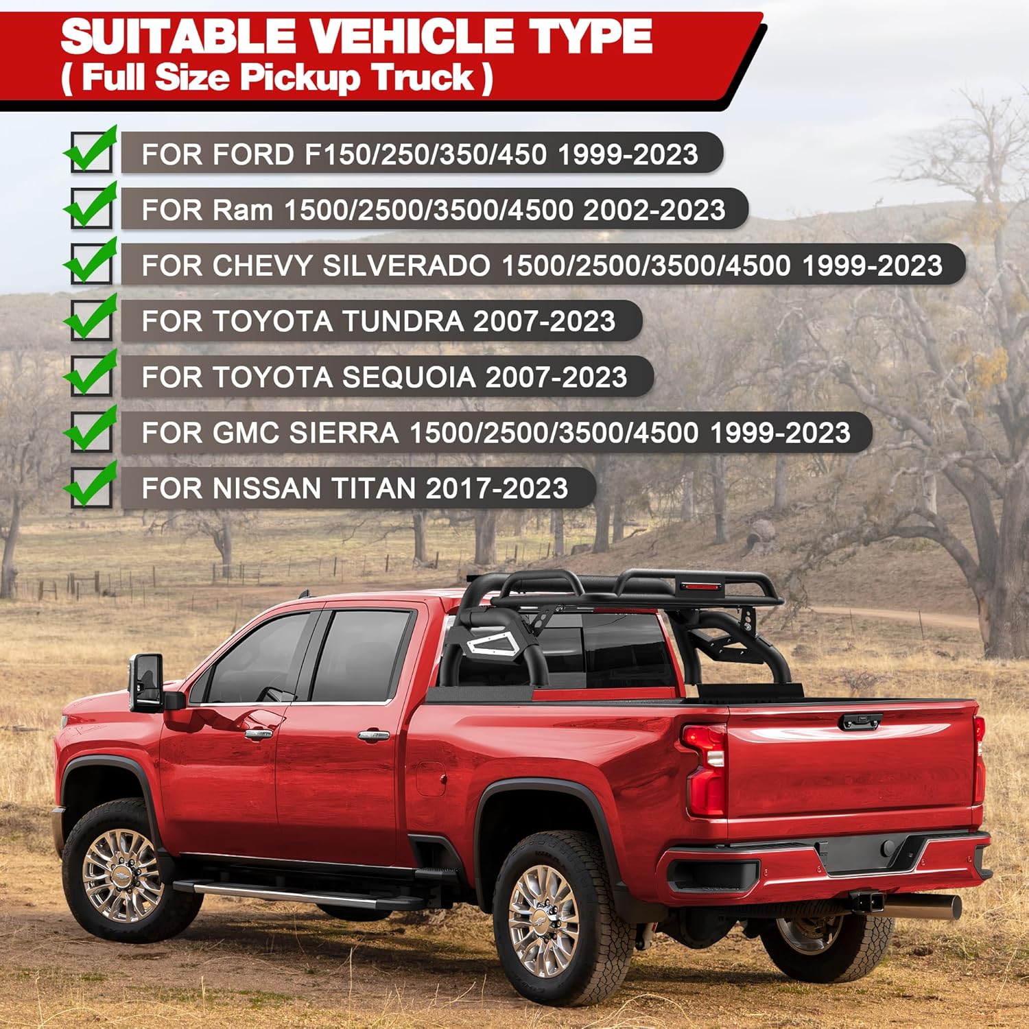 Truck Roll Bar with Cargo Carrier Basket for Full Size Trucks Heavy Duty Chase Rack Sport Bar Compatible with Ford F150, Ram 1500, Chevy Silverado, Tundra, Titan & GMC Sierra