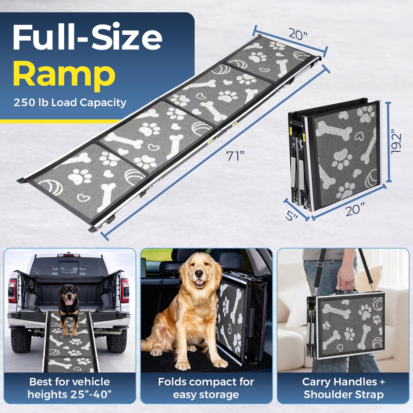 71"x20" Quad-Fold Dog Ramp - 250 lb Capacity, Non-Slip, Side-Strap Stability for Large Dogs