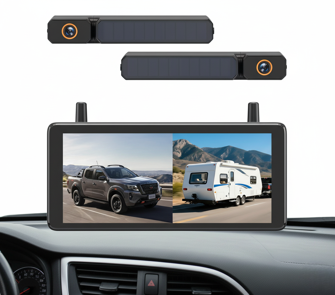 Solar Wireless Backup Camera System with Two Cameras (License Plate & Portable) For Truck,RV,Camper,Horse/Boat Trailer - OHMU