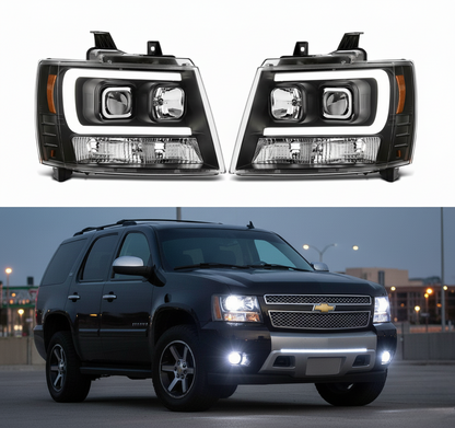 Black LED DRL Projector Head Lights Pair For 2007-2014 Chevy Tahoe/Suburban/Avalanche
