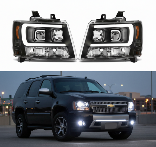 Black LED DRL Projector Head Lights Pair For 2007-2014 Chevy Tahoe/Suburban/Avalanche