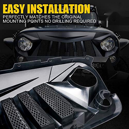 Matte Black Front Grill Grid Grille w/Mesh Compatible with Jeep Wrangler Rubicon Sahara Sport JK 2007-2018