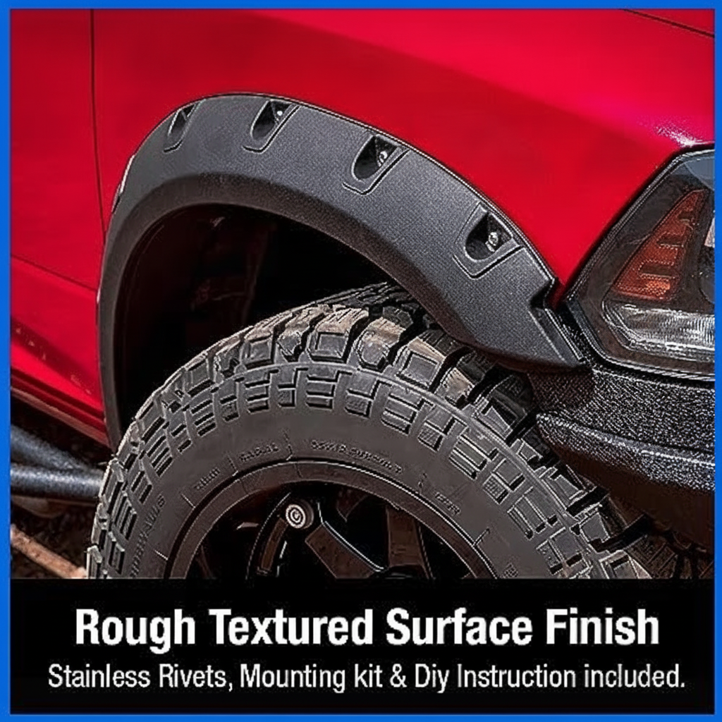 Fender Flares for 2009-2018 Dodge Ram 1500 and 2019-2024 Ram 1500 Classic, Textured Black Bolt-Riveted Style, 4-Piece