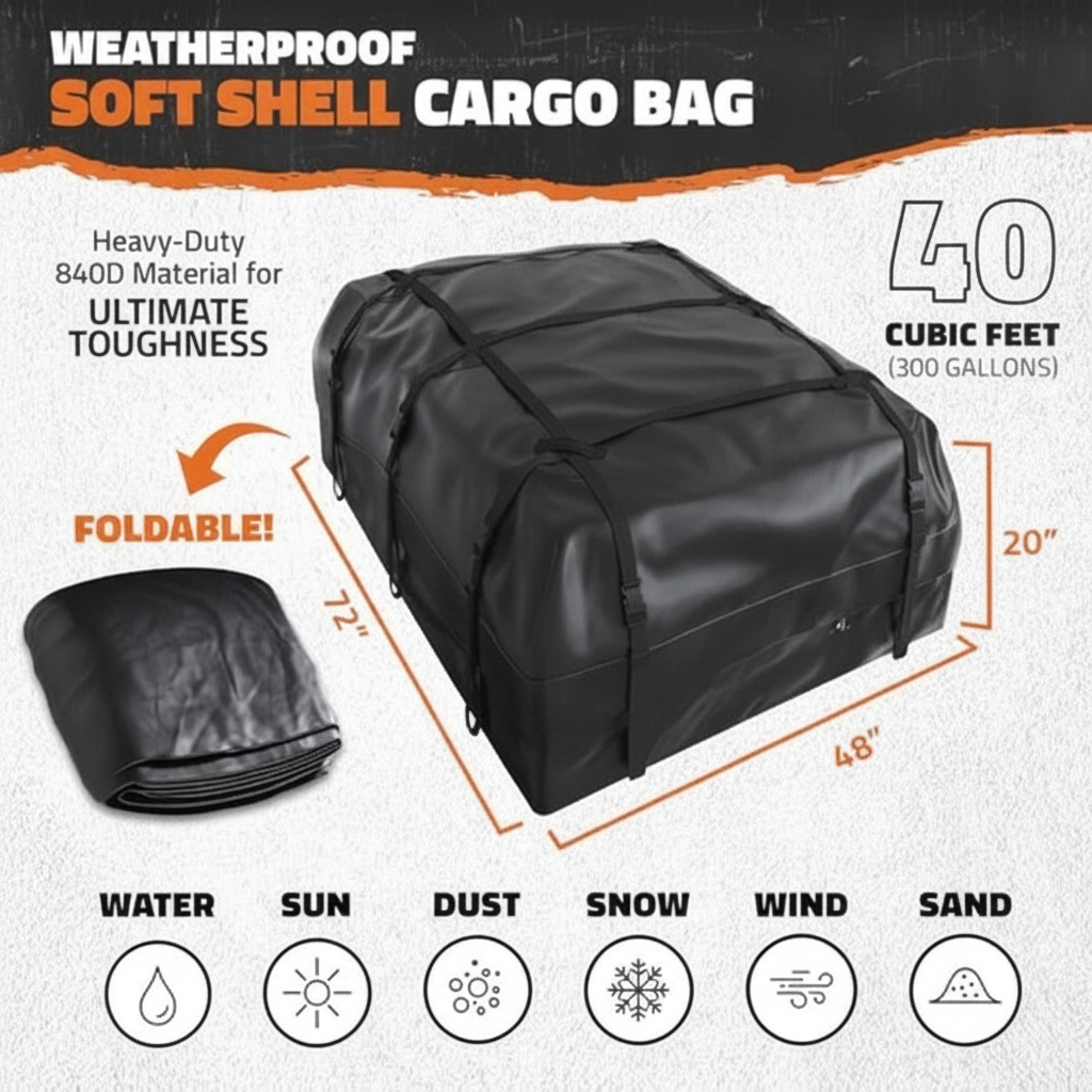 XXL 40 CuFt Car Roof Bag, 72"x48"x20" Soft-Shell 840D