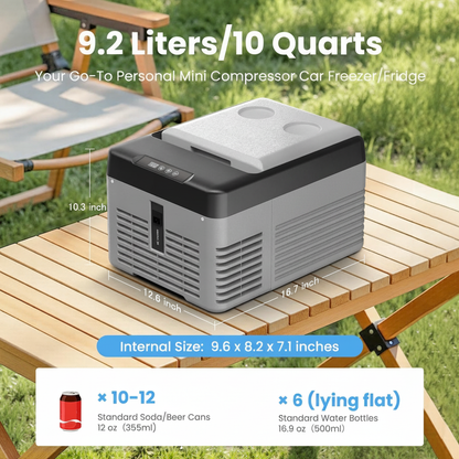 Portable 12V Electric Car Cooler 9L, AC/DC Fridge for Truck, RV, Camping