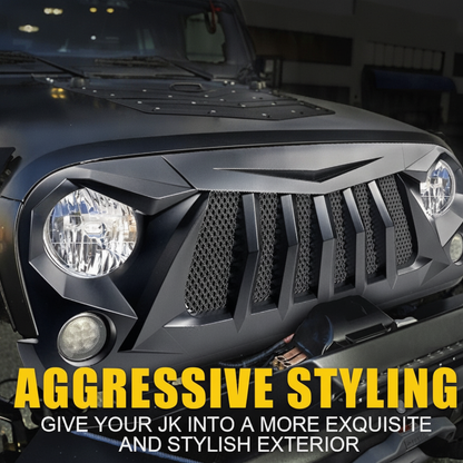Matte Black Front Grill Grid Grille w/Mesh Compatible with Jeep Wrangler Rubicon Sahara Sport JK 2007-2018
