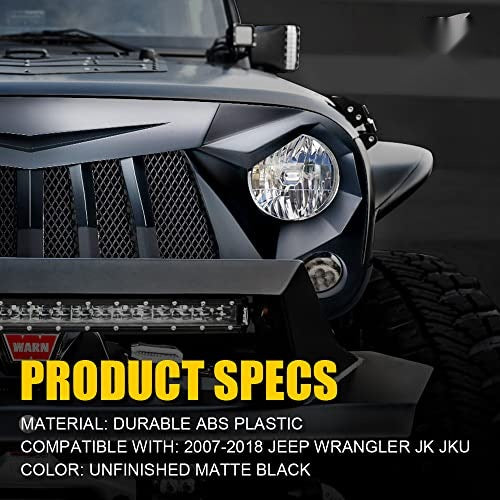 Matte Black Front Grill Grid Grille w/Mesh Compatible with Jeep Wrangler Rubicon Sahara Sport JK 2007-2018