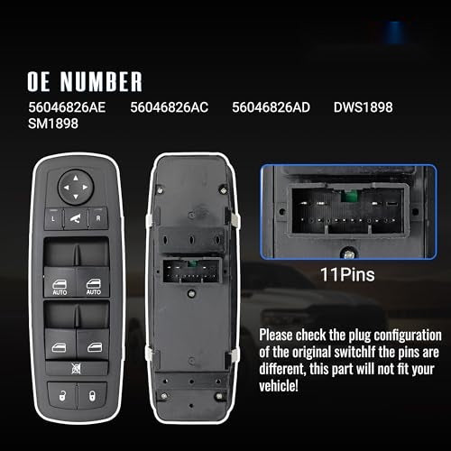 Driver Side Power Window Switch for 2016-2018 Ram 1500/2500/3500 Laramie, 2019-2024 Ram 1500 Classic Laramie and 2012 Chrysler 300, Replaces 56046826AE/AC/AD